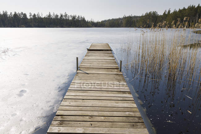 Vista panorâmica do cais de madeira no lago — Fotografia de Stock