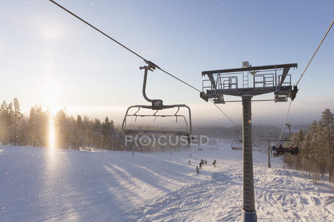 Ski lift above snow, selective focus — Stock Photo