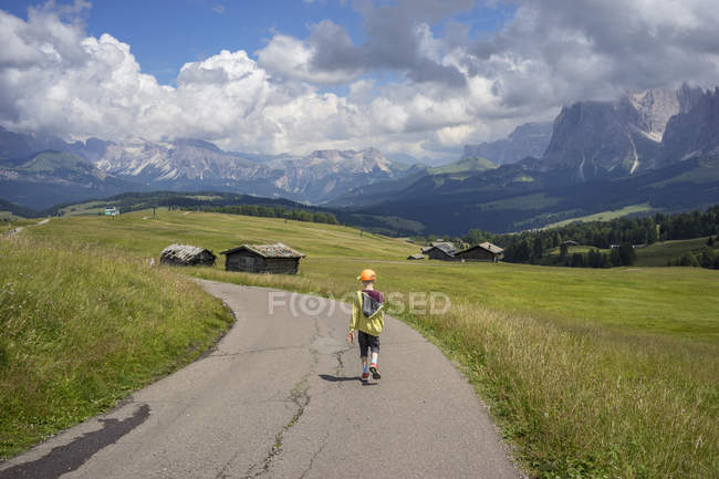 Menino andando pela estrada rural, vista traseira — Fotografia de Stock