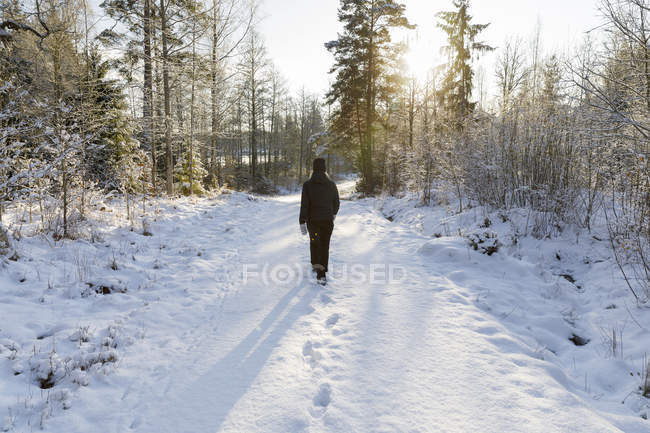 Mujer madura caminando por un camino nevado - foto de stock
