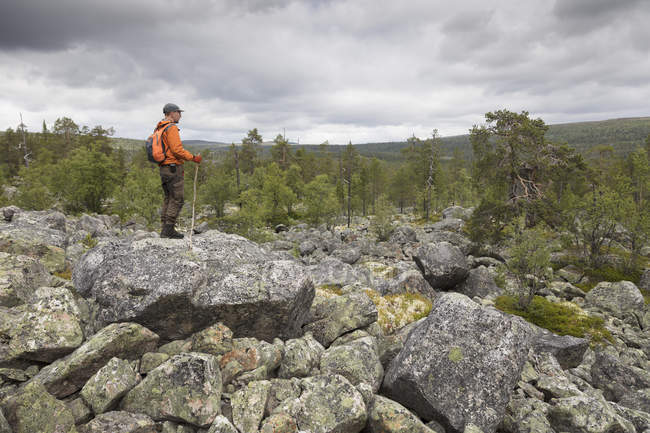 Hiker standing on rocks, selective focus — Stock Photo