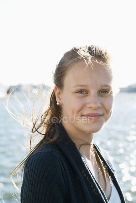 Portrait of girl by sea, selective focus — Stock Photo