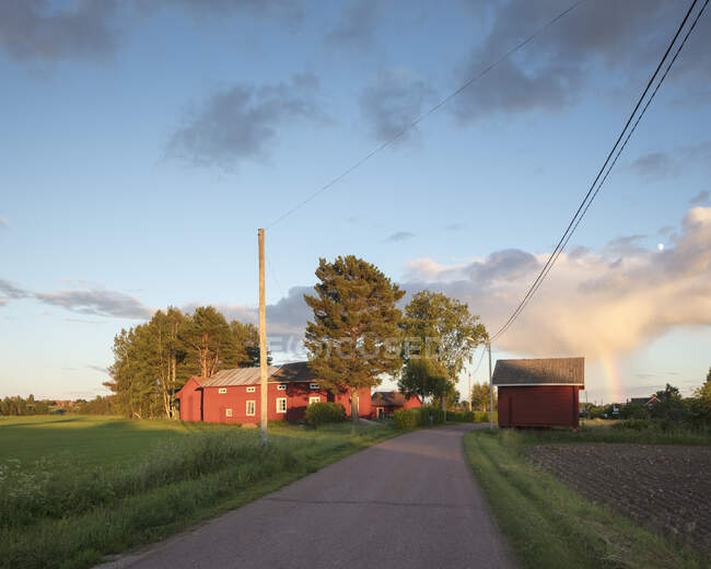 Barns por estrada no campo durante o pôr do sol — Fotografia de Stock