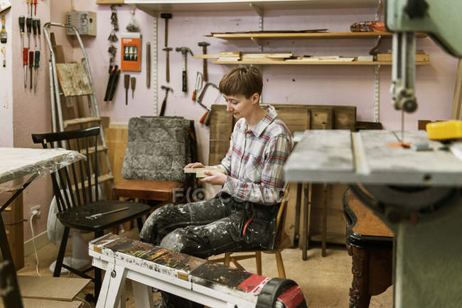 Carpenter in workshop, selective focus — Stock Photo