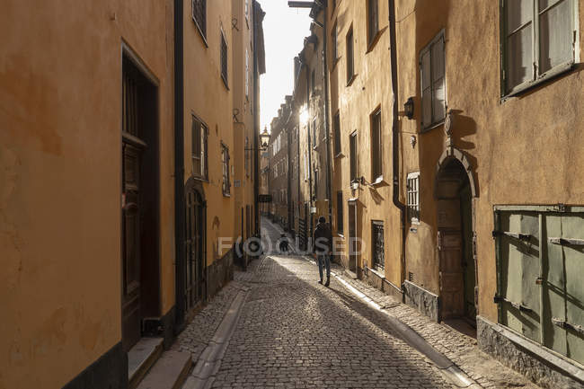 Adolescente caminando por el callejón en el casco antiguo de Estocolmo, Suecia - foto de stock