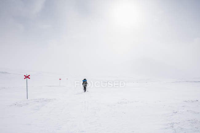 Mulher esquiando nas montanhas em Kungsleden trail na Lapônia, Suécia — Fotografia de Stock