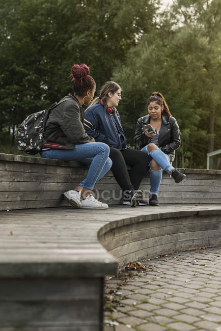 Ragazze adolescenti che utilizzano lo smart phone nel parco — Foto stock