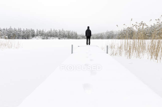 Mature woman standing next to frozen lake in Ostergotland, Sweden — Stock Photo
