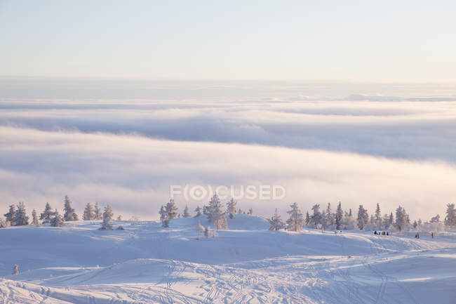 Snowy slope above clouds — Stock Photo