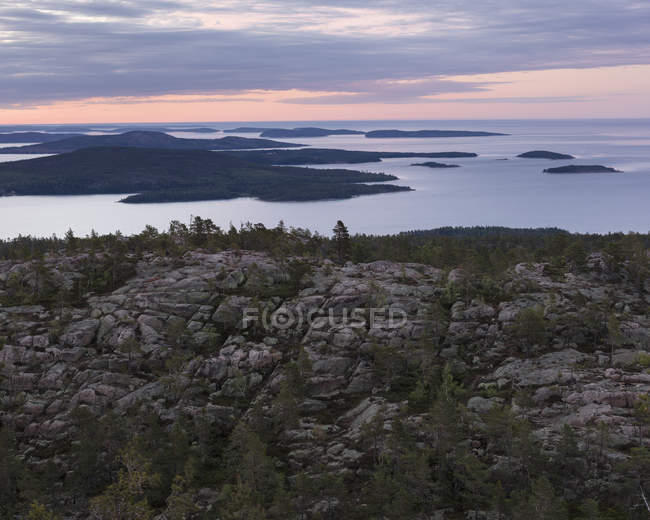 Falaises et forêt en bord de mer Baltique au coucher du soleil dans le parc national de Skuleskogen, Suède — Photo de stock