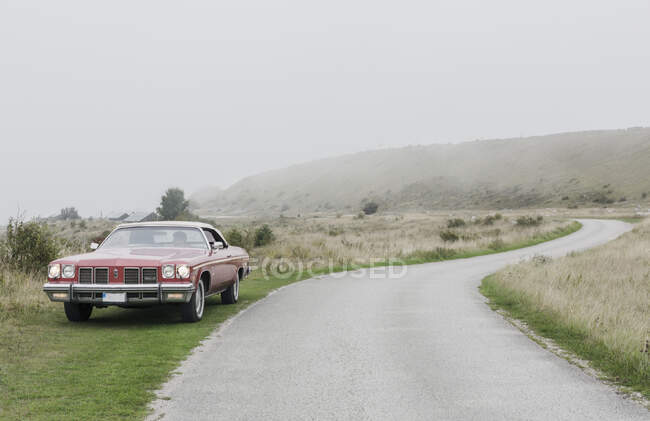 Car on roadside and beautiful rural landscape at misty day — Stock Photo