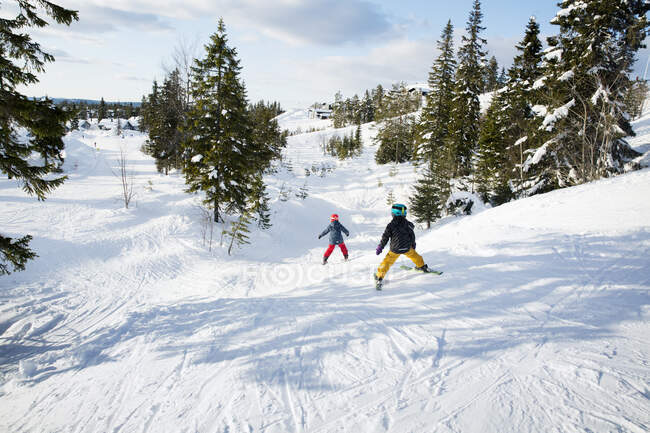 Дівчата катаються на лижах у горах. — стокове фото