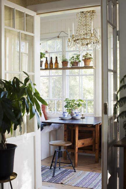 Стул за столом и горшок растений — стоковое фото
