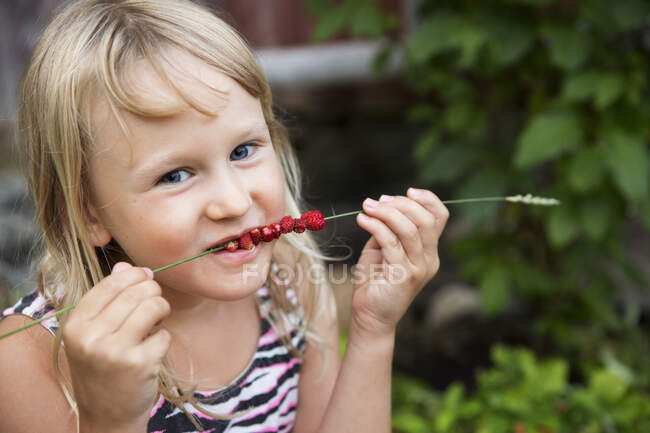 Girl eating berries off grass — Fotografia de Stock