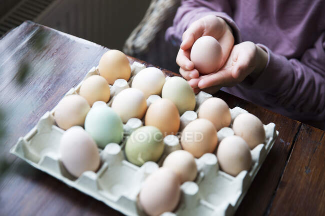 Hands of girl holding egg — Fotografia de Stock