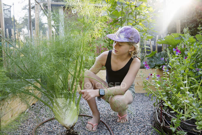 Девушка держит фенхель в саду — стоковое фото