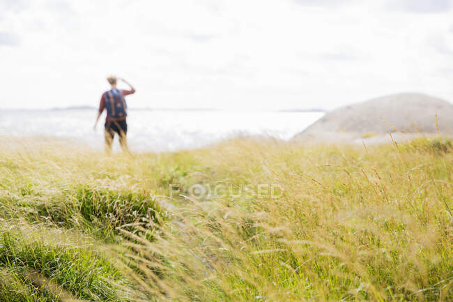 Hierba y mujer de pie por la costa - foto de stock