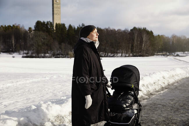 Woman with stroller in park during winter - foto de stock