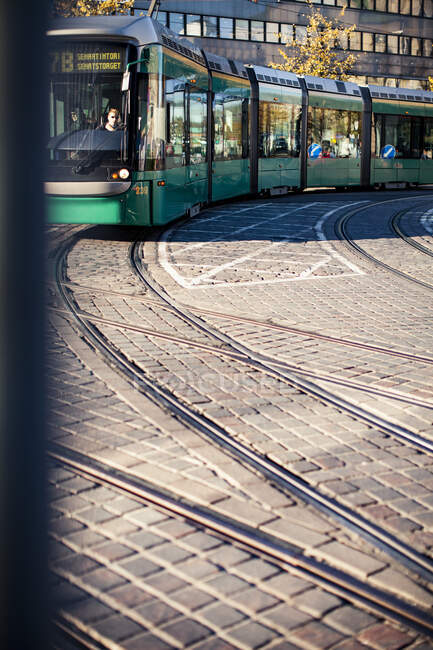 Tram on street in Helsinki, Finland — Foto stock