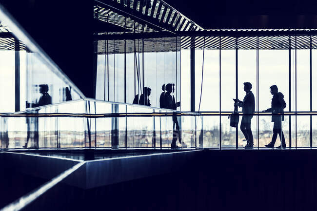 Silhouette of people walking by window of building — Stockfoto