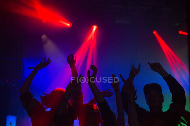 Silhueta de pessoas dançando em concerto — Fotografia de Stock