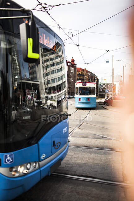 Two blue trams in Sweden — Stock Photo