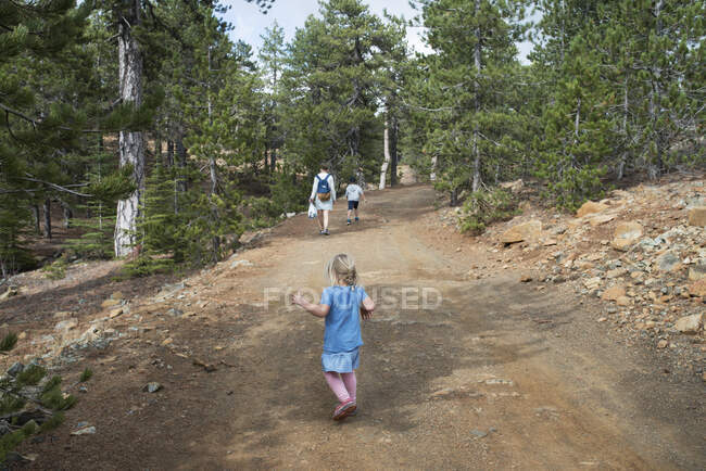 Fille marche sur le chemin à travers la forêt — Photo de stock