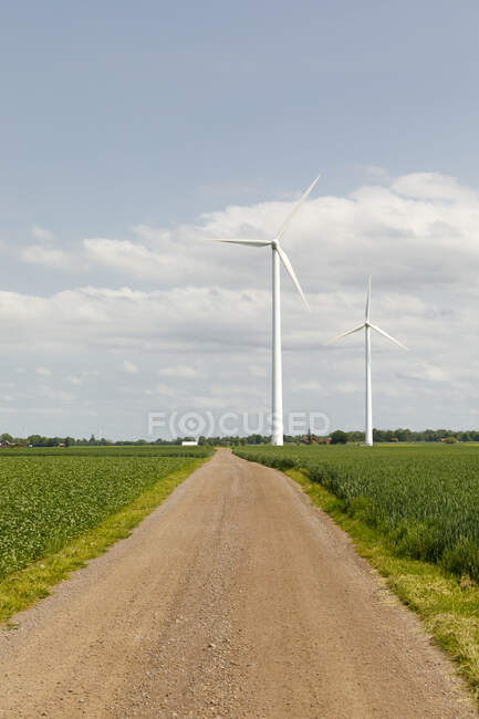 Wind turbines by rural road — Fotografia de Stock