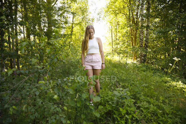 Mujer joven caminando en el bosque - foto de stock
