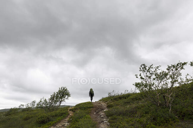 Woman with backpack hiking on a hill — Photo de stock