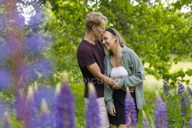 Молода пара обіймається квітами люпину і деревом — стокове фото