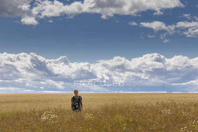 Женщина, идущая в поле — стоковое фото