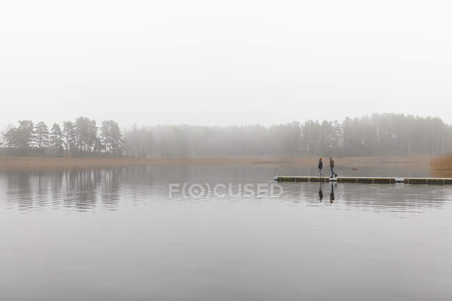 Молодий чоловік і жінка ходять по пірсу на озері. — стокове фото