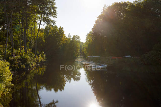 Bateaux sur la rivière au coucher du soleil — Photo de stock