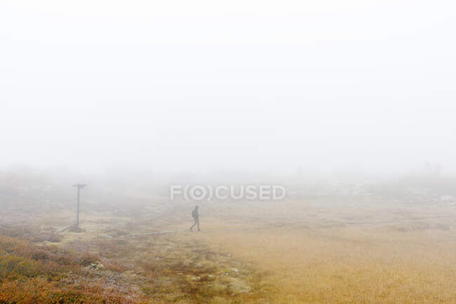 Woman hiking in fog — Photo de stock