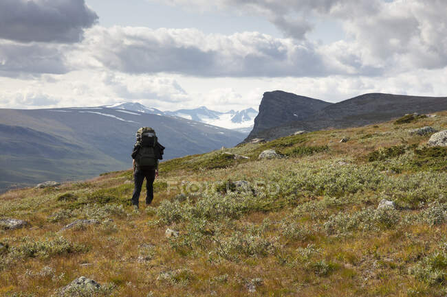 Junge Frau beim Wandern im Rapa-Tal im Sarek-Nationalpark, Schweden — Stockfoto