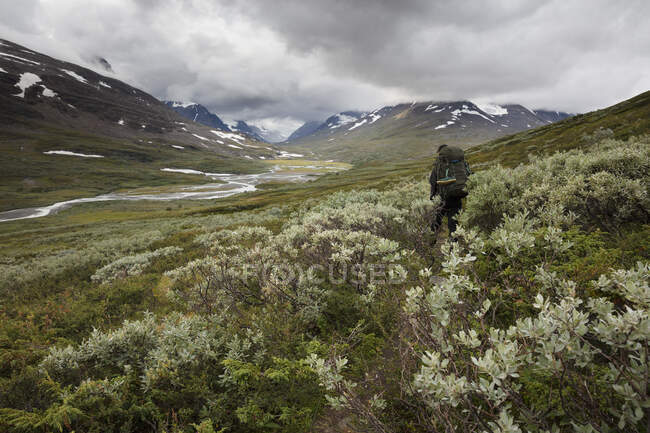 Jovem mulher caminhando em Rapa Valley, na Suécia — Fotografia de Stock