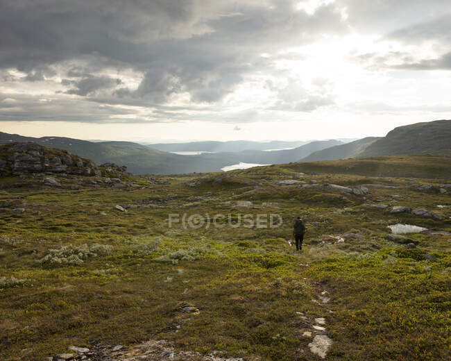 Jovem mulher caminhando no campo por montanhas — Fotografia de Stock