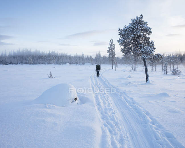 Young woman hiking in snow — Stock Photo