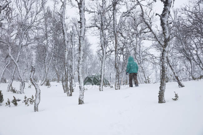 Mulher acampar na floresta nevada — Fotografia de Stock