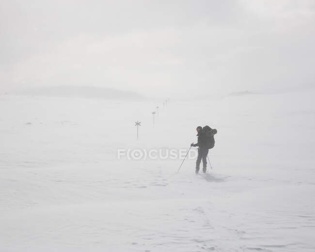 Jovem com postes de caminhada em campo nevado — Fotografia de Stock