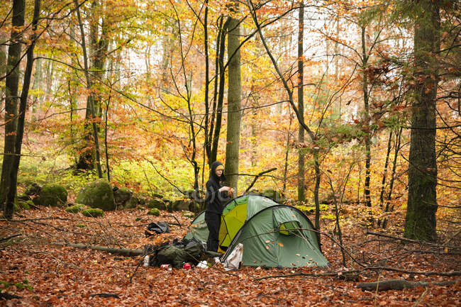 Mujer joven acampando en bosque de otoño - foto de stock