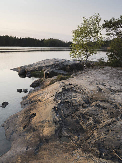 Scenic view of Rock by lake - foto de stock