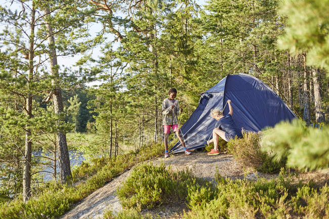 Mother and son pitching tent in forest - foto de stock