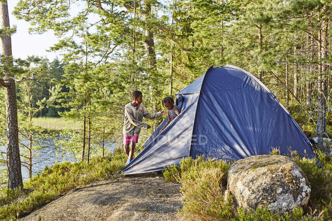Siblings camping in forest — Fotografia de Stock