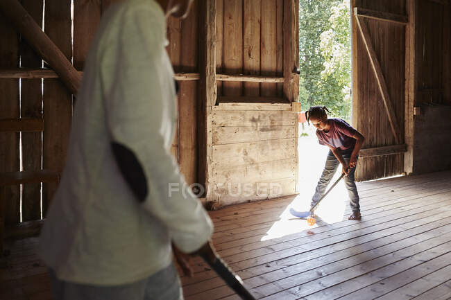 Children playing in barn — Stockfoto