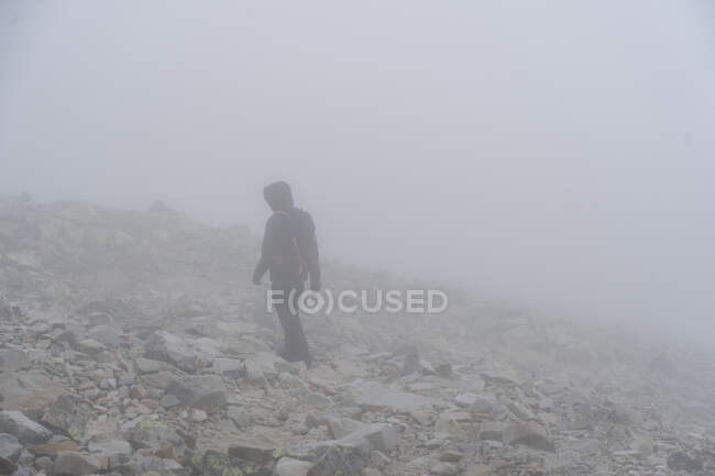 Adolescente caminando en la montaña brumosa - foto de stock