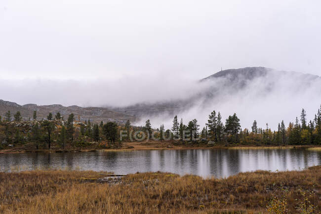 Lake and mountain in fog — Stock Photo