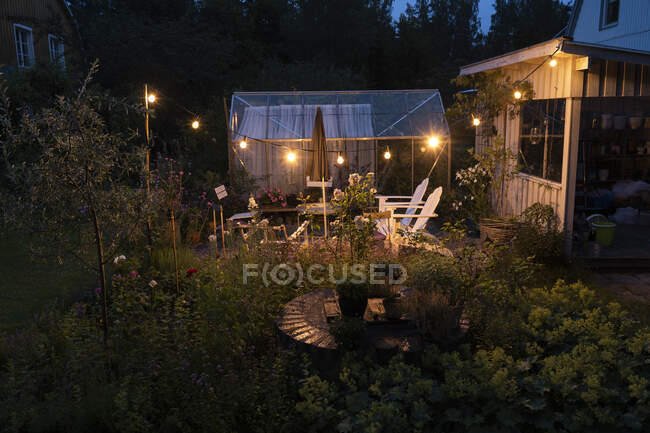 Jardín con luces de hadas por la noche - foto de stock