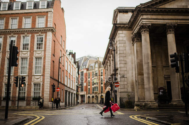 Mujer joven caminando con bolsas de compras en la calle - foto de stock